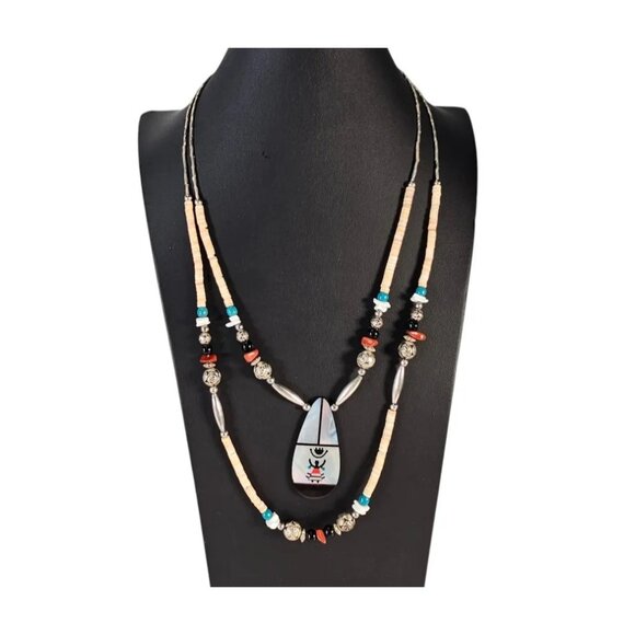 Hopi Crown Dancer Double Strand Necklace Turquoise Sterling Silver 26" - Picture 1 of 5